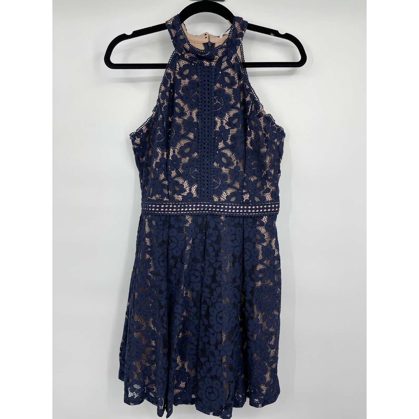 Blu Pepper Womens A-Line Flared Dress Crochet Lace Overlay Blue Medium New